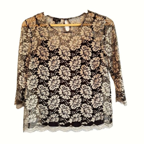 Talbots Women Lace Overlay Top Sz 10P Black Gold Scallop Holiday Glam Old Money - Picture 1 of 10